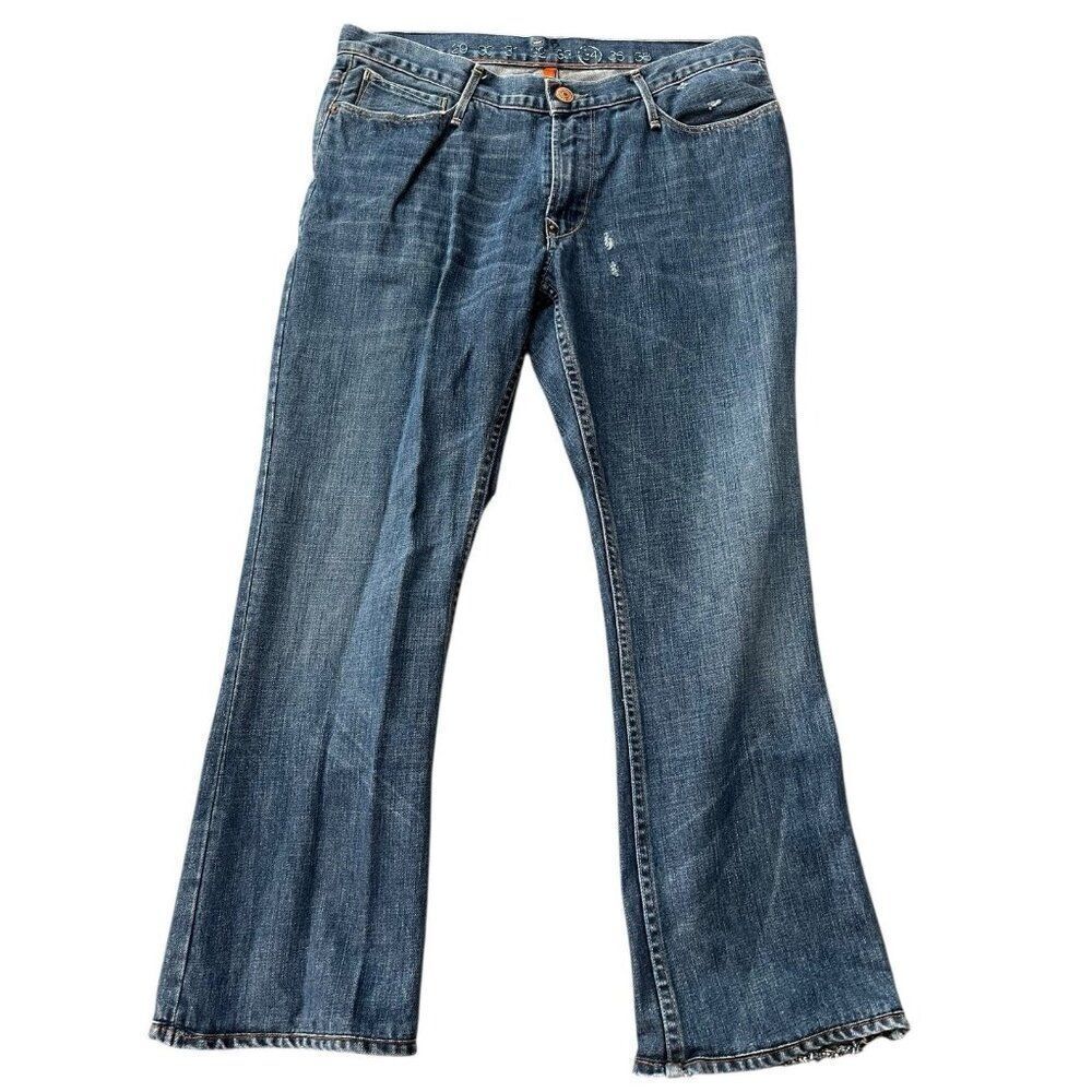Earnest Sewn Mens 34 x 28 Handcrafted USA Cotton Denim Bootcut Jeans Distressed
